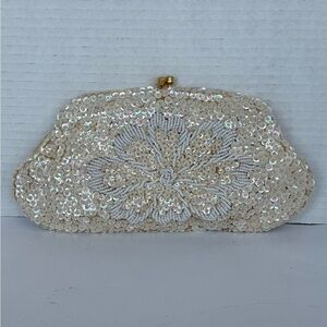 1950s Vintage White Iridescent Beaded Sequin Evening Bag Clutch